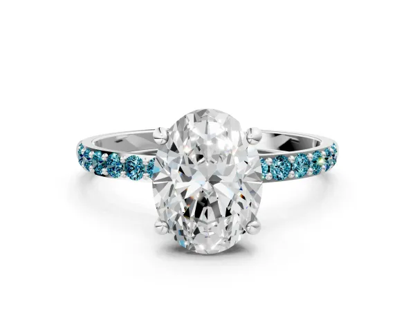 Oval Cut Diamond Solitaire Ring with Round Blue Topaz Pavé Band and Prong Setting Platinum