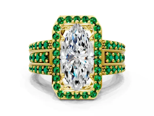 Marquise Cut Halo Diamond Ring with Round Emerald Split Shank and Prong Setting Yellow gold