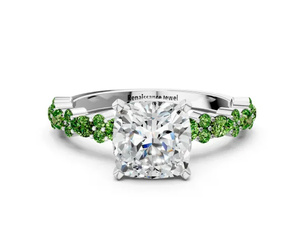 Cushion Cut Diamond Side Stone Solitaire Ring with Round Peridot and Four-Prong Setting Platinum