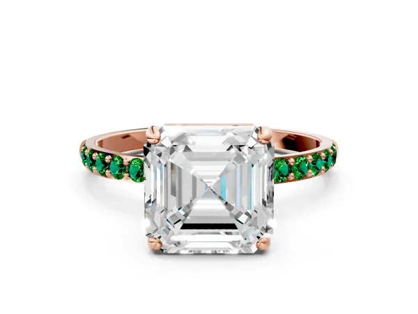Asscher Cut Diamond Solitaire Ring with Round Emerald Pavé Band and Prong Setting Rose gold