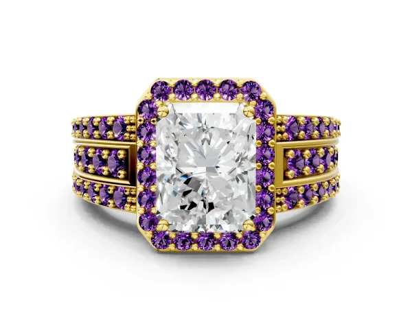 Radiant Cut Halo Diamond Ring with Round Amethyst Split Shank and Prong Setting Yellow gold