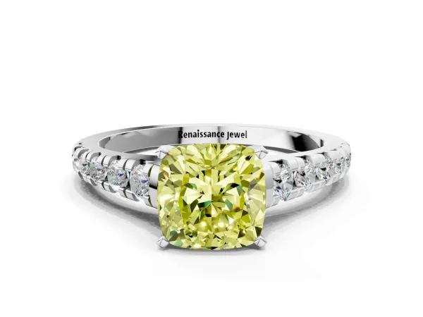 Fancy Yellow Cushion Cut Diamond Cathedral Solitaire Ring with Round Pavé Band Platinum