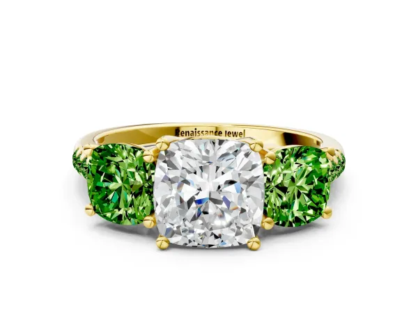 Three-Stone Cushion Cut Diamond Ring with Round Peridot Pavé Band and Prong Setting Yellow gold