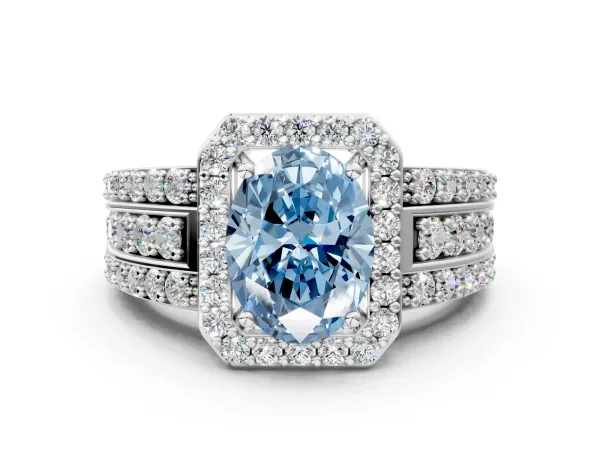 Fancy Blue Oval Cut Halo Diamond Ring with Round Split Shank and Prong Setting White gold