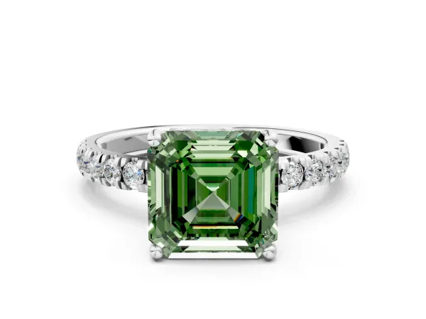 Fancy Green Asscher Cut Diamond Pave Band Solitaire Ring with Round and Prong Setting Platinum