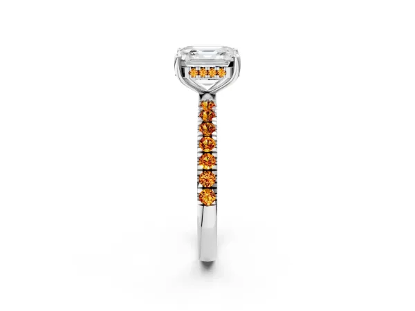 Asscher Cut Diamond Pave Band Solitaire Ring with Round Citrine and Prong Setting Platinum