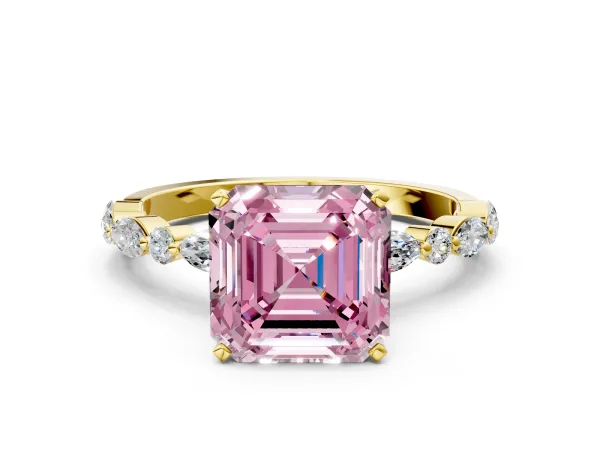 Fancy Pink Asscher Cut Diamond Ring with Marquise and Round Side Stones and Four-Prong Setting Yellow gold