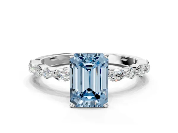 Fancy Blue Emerald Cut Diamond Ring with Marquise and Round Side Stones and Four-Prong Setting White gold