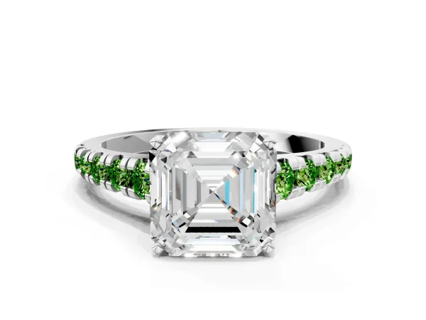 Asscher Cut Diamond Cathedral Solitaire Ring with Round Peridot Pavé Band Platinum