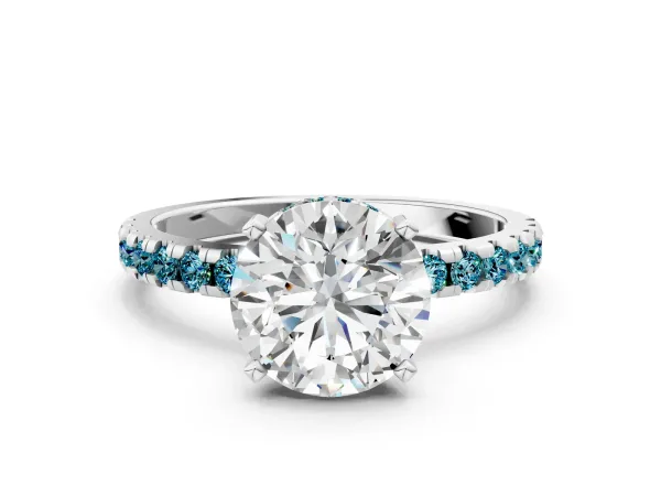 Round Cut Diamond Solitaire Ring with Round Blue Topaz Pavé Band and Four-Prong Setting White gold