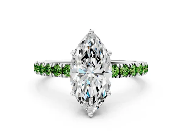 Marquise Cut Diamond Pave Band Solitaire Ring with Round Peridot and Prong Setting Platinum