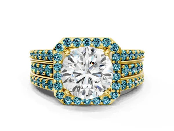 Round Cut Halo Diamond Ring with Round Blue Topaz Split Shank and Prong Setting Yellow gold