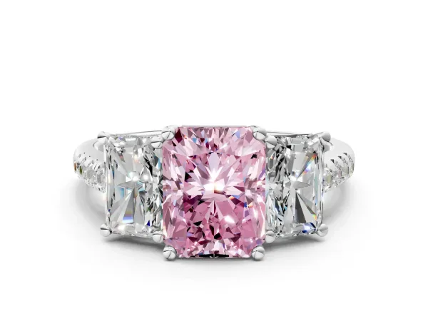 Fancy Pink Three-Stone Radiant Cut Diamond Ring with Round Pavé Band and Prong Setting White gold