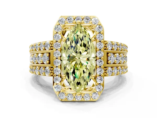Fancy Yellow Marquise Cut Halo Diamond Ring with Round Split Shank and Prong Setting Yellow gold