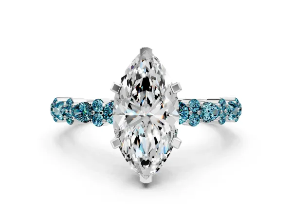 Marquise Cut Diamond Side Stone Solitaire Ring with Round Blue Topaz and Four-Prong Setting Platinum