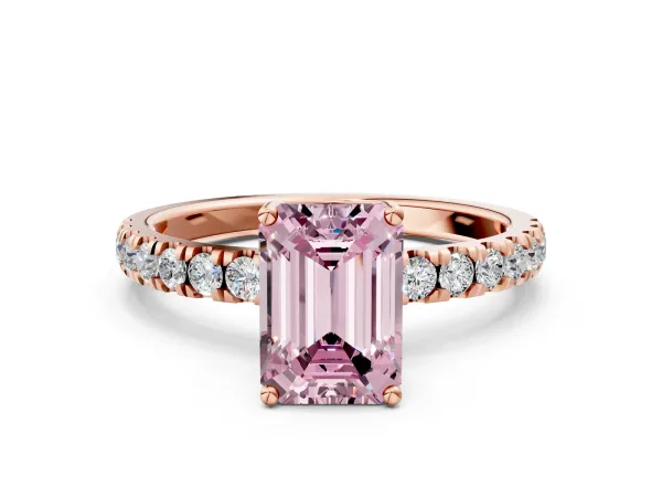 Fancy Pink Emerald Cut Diamond Pave Band Solitaire Ring with Round and Prong Setting Rose gold