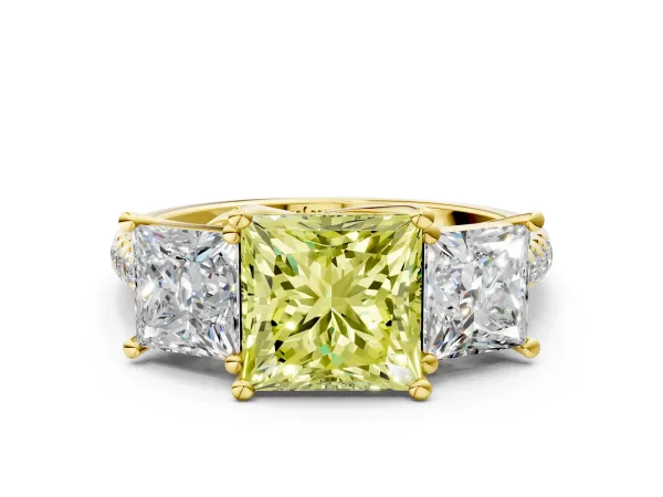 Fancy Yellow Three-Stone Princess Cut Diamond Ring with Round Pavé Band and Prong Setting Yellow gold