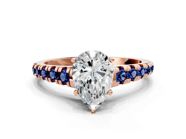 Pear Cut Diamond Cathedral Solitaire Ring with Round Blue Sapphire Pavé Band Rose gold