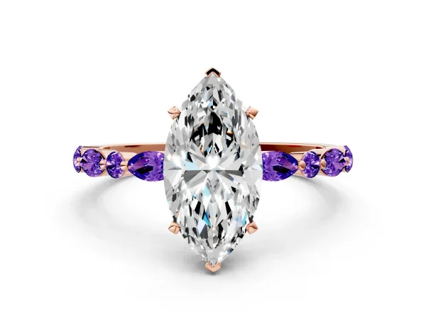 Marquise Cut Diamond Ring with Marquise and Round Tanzanite Side Stones and Four-Prong Setting Rose gold