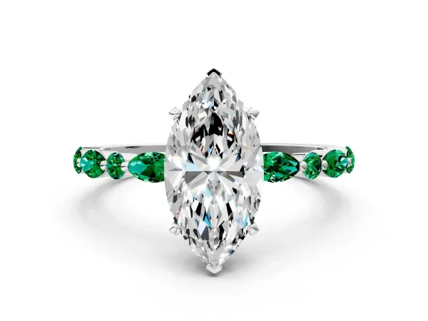 Marquise Cut Diamond Ring with Marquise and Round Emerald Side Stones and Four-Prong Setting White gold