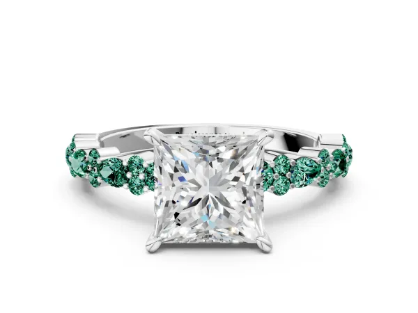 Princess Cut Diamond Side Stone Solitaire Ring with Round Green Sapphire and Four-Prong Setting Platinum