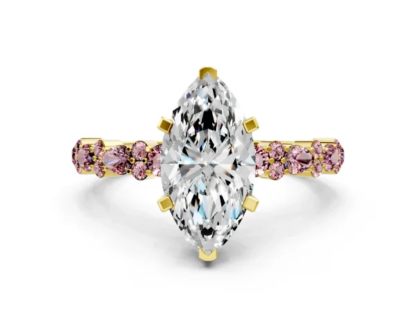 Marquise Cut Diamond Side Stone Solitaire Ring with Round Morganite and Four-Prong Setting Yellow gold