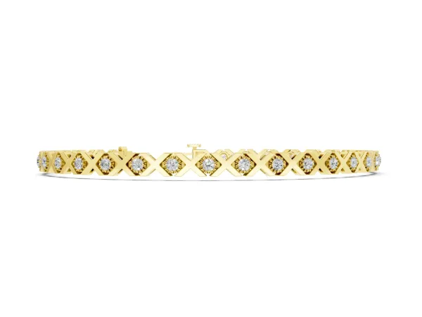 Round Diamond XO Tennis Bracelet with Channel Setting and X Prong Yellow gold