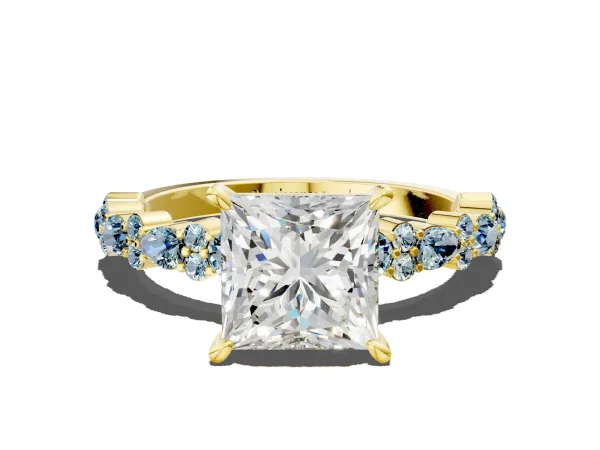 Princess Cut Diamond Side Stone Solitaire Ring with Round Aquamarine and Four-Prong Setting Yellow gold
