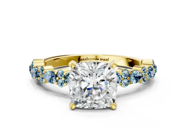 Cushion Cut Diamond Side Stone Solitaire Ring with Round Aquamarine and Four-Prong Setting Yellow gold