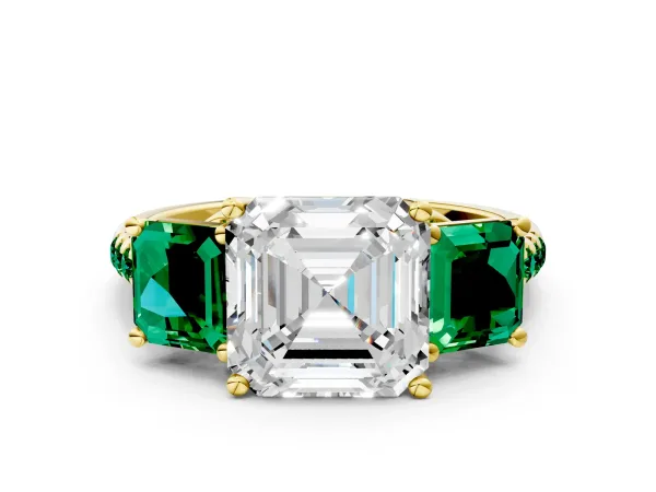 Three-Stone Asscher Cut Diamond Ring with Round Emerald Pavé Band and Prong Setting Yellow gold