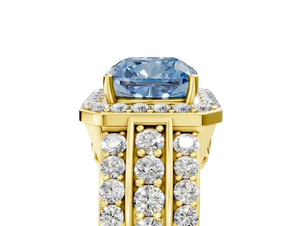 Fancy Blue Cushion Cut Halo Diamond Ring with Round Split Shank and Prong Setting Yellow gold