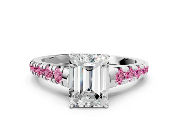 Emerald Cut Diamond Cathedral Solitaire Ring with Round Pink Sapphire Pavé Band White gold