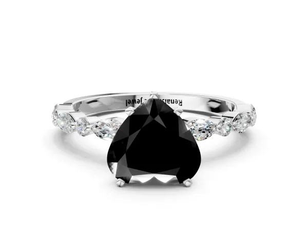 Fancy Black Heart Cut Diamond Ring with Marquise and Round Side Stones and Four-Prong Setting Platinum