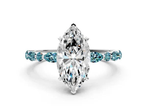 Marquise Cut Diamond Ring with Marquise and Round Blue Topaz Side Stones and Four-Prong Setting White gold