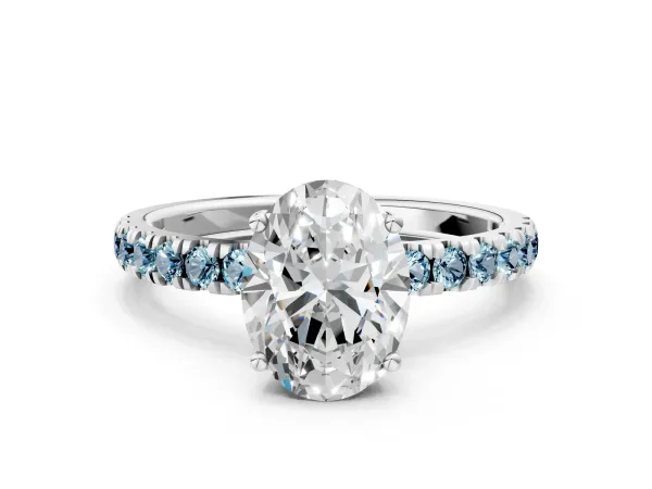 Oval Cut Diamond Pave Band Solitaire Ring with Round Aquamarine and Prong Setting Platinum