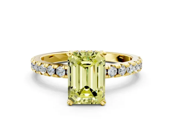 Fancy Yellow Emerald Cut Diamond Solitaire Ring with Round Pavé Band and Four-Prong Setting Yellow gold