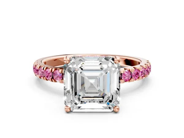 Asscher Cut Diamond Pave Band Solitaire Ring with Round Pink Sapphire and Prong Setting Rose gold