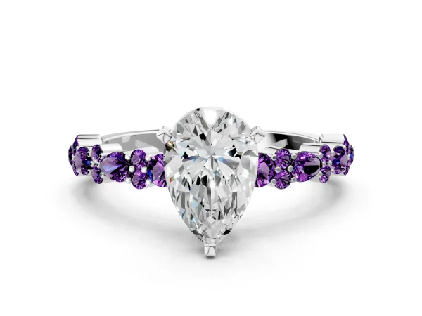 Pear Cut Diamond Side Stone Solitaire Ring with Round Amethyst and Four-Prong Setting Platinum