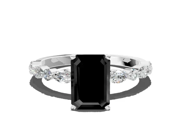 Fancy Black Emerald Cut Diamond Ring with Marquise and Round Side Stones and Four-Prong Setting White gold