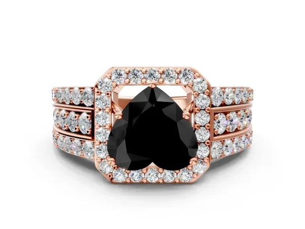 Fancy Black Heart Cut Halo Diamond Ring with Round Split Shank and Prong Setting Rose gold