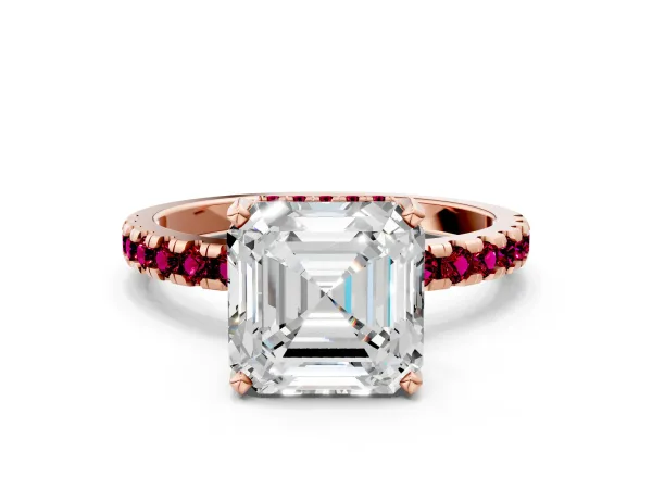 Asscher Cut Diamond Solitaire Ring with Round Garnet Pavé Band and Four-Prong Setting Rose gold