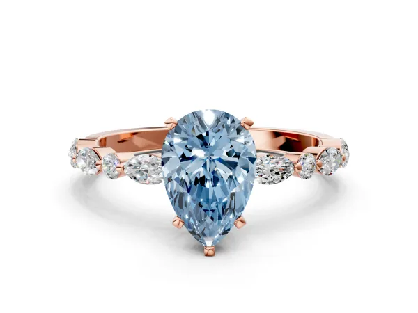 Fancy Blue Pear Cut Diamond Ring with Marquise and Round Side Stones and Four-Prong Setting Rose gold