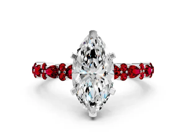 Marquise Cut Diamond Side Stone Solitaire Ring with Round Ruby and Four-Prong Setting Platinum