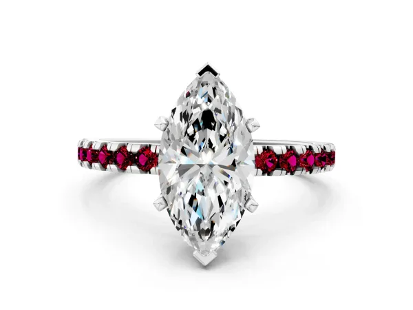 Marquise Cut Diamond Solitaire Ring with Round Garnet Pavé Band and Four-Prong Setting Platinum