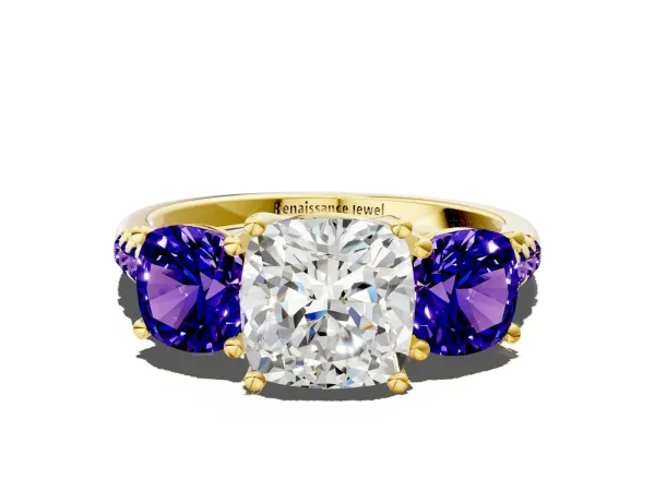 Three-Stone Cushion Cut Diamond Ring with Round Tanzanite Pavé Band and Prong Setting Yellow gold