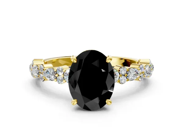Fancy Black Oval Cut Diamond Side Stone Solitaire Ring with Round and Four-Prong Setting Yellow gold