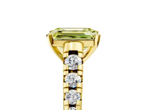 Fancy Yellow Emerald Cut Diamond Cathedral Solitaire Ring with Round Pavé Band Yellow gold