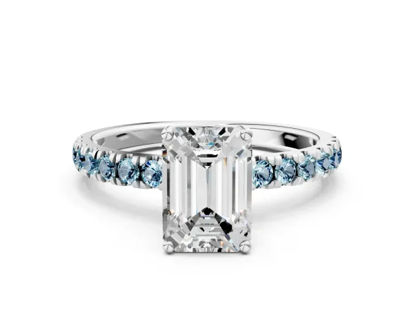 Emerald Cut Diamond Pave Band Solitaire Ring with Round Aquamarine and Prong Setting Platinum
