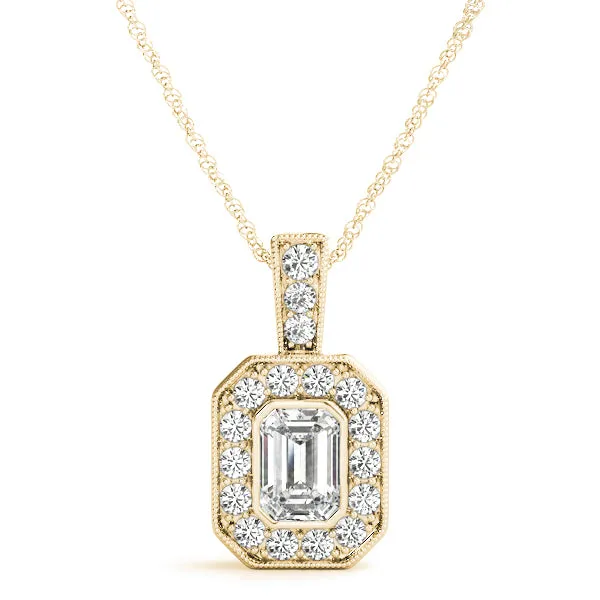 Emerald Cut Halo Pendant with Milgrain Detail Yellow gold