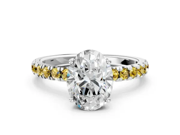 Oval Cut Diamond Pave Band Solitaire Ring with Round Yellow Sapphire and Prong Setting Platinum